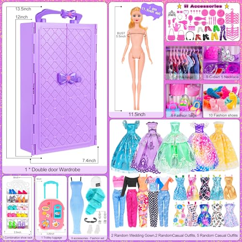 105 Pcs Doll and Closet Playset Wardrobe Set Including One Doll Wardrobe Shoes Rack Dress Shoes Hangers Necklace D719
