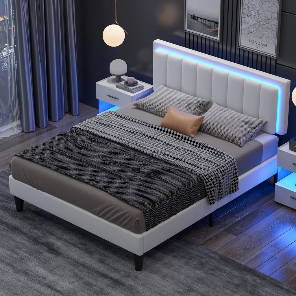 White Full Size Upholstered Platform Bed Frame with PU Faux Leather Headboard V9132