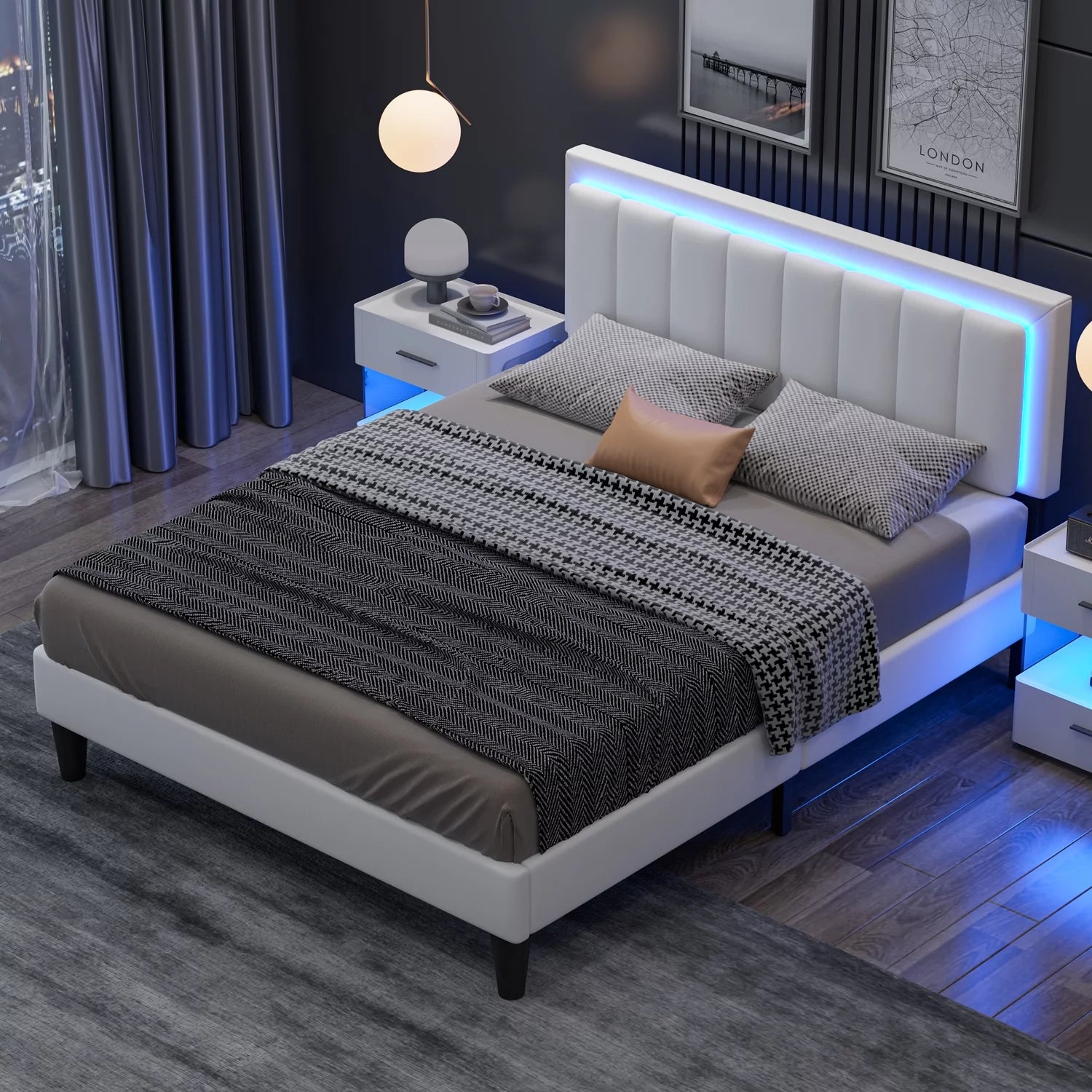 White Full Size Upholstered Platform Bed Frame with PU Faux Leather Headboard V9132