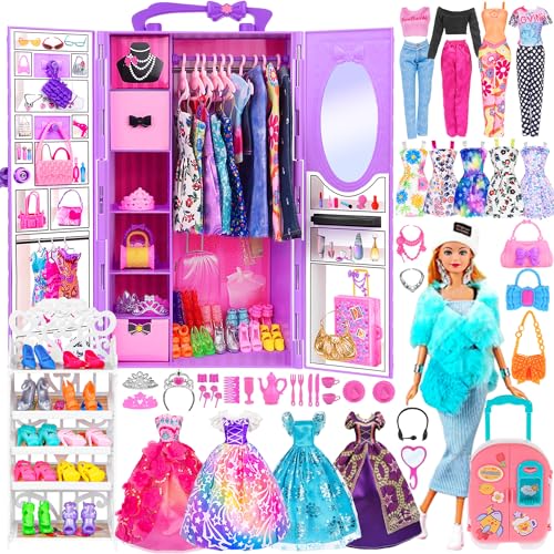 105 Pcs Doll and Closet Playset Wardrobe Set Including One Doll Wardrobe Shoes Rack Dress Shoes Hangers Necklace D719