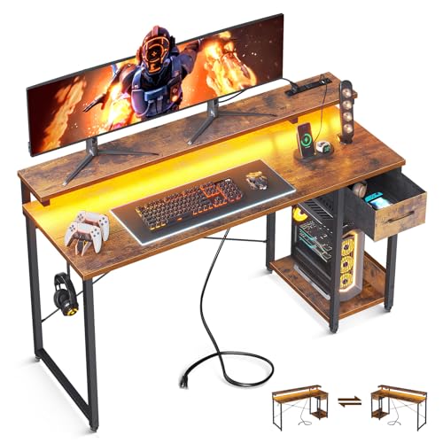 Black 40 Inch Computer Desk with LED Lights, Power Outlet, Drawer, Monitor Stand, Headphone Hook E557