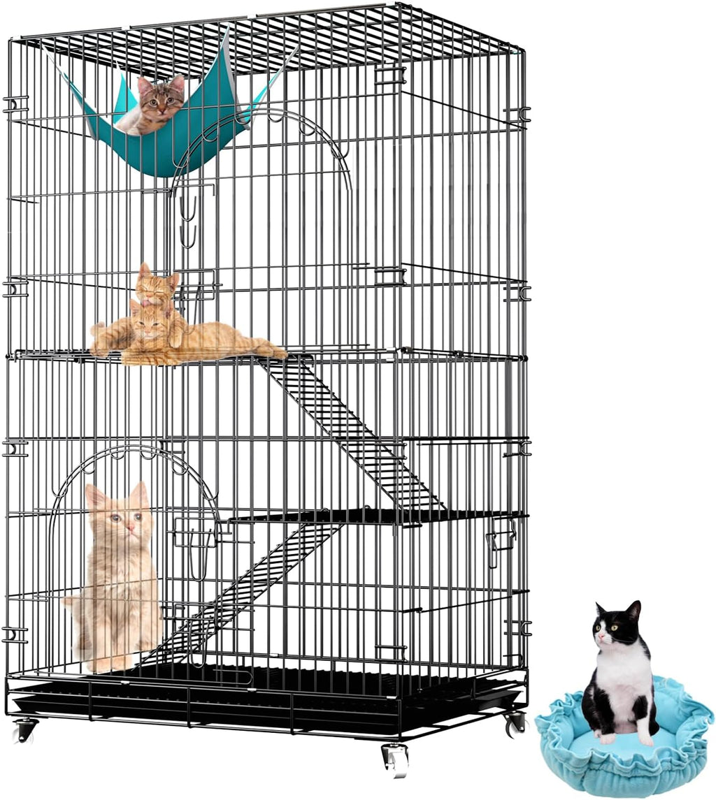 46 inch 3-Tier Folding Metal Wire Cat Cage with Wheels Shelves Ladders Tray R194449