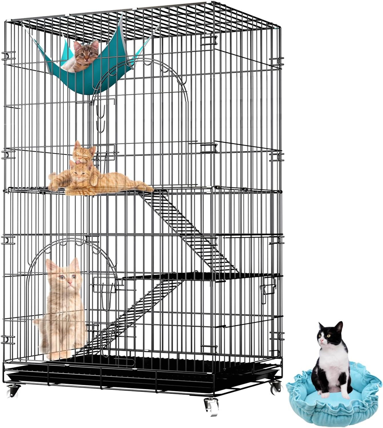 46 inch 3-Tier Folding Metal Wire Cat Cage with Wheels Shelves Ladders Tray R194449