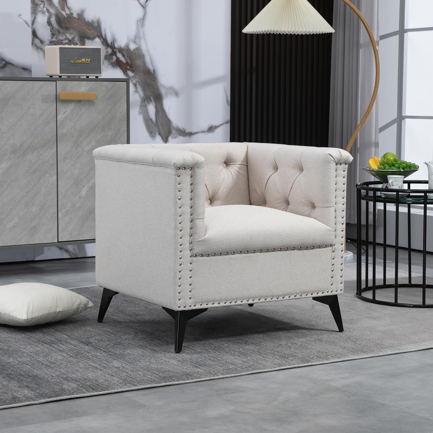 Beige Linen Fabric Accent Arm Chair O63948