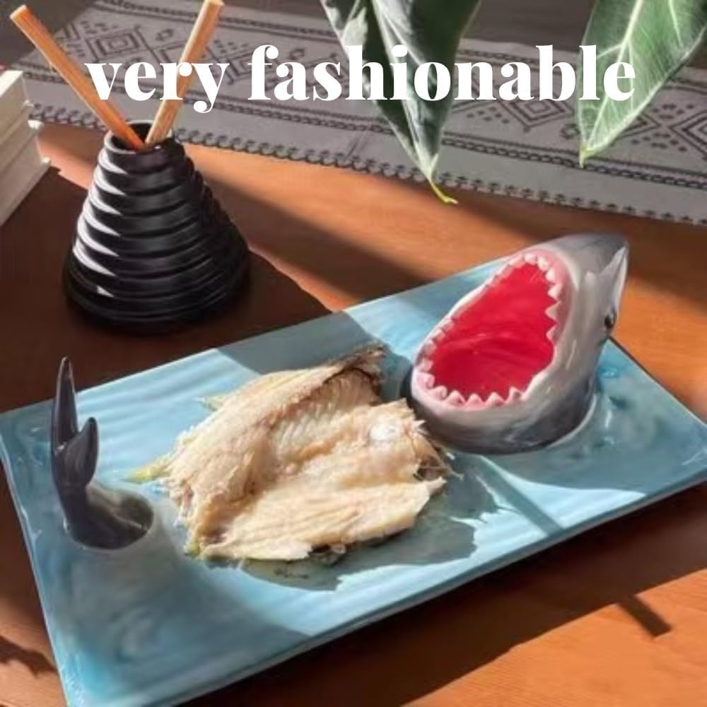 Shark Plate With Sauce Compartment, Handmade Ceramic Sushi Platter S6704