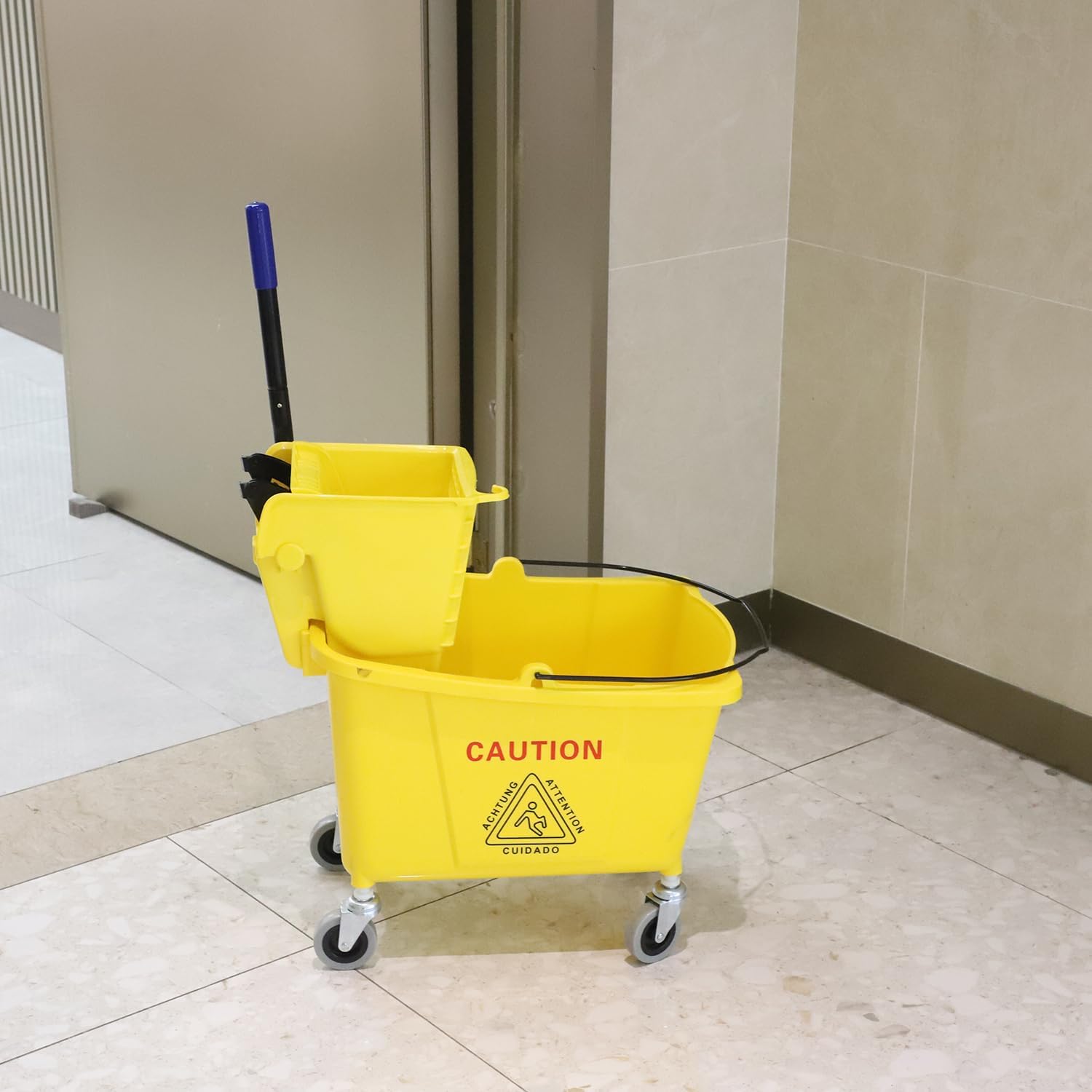 35 Quart Yellow Mop Bucket with Side Press Wringer on Wheels H835861