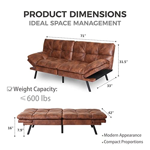 Brown PU Leather Memory Foam Convertible Futon Sofa Bed Y593407