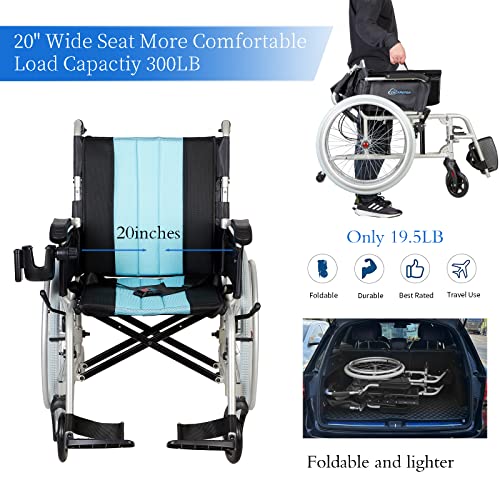 Silver 20" Wide Seat Foldable Magnesium Wheelchair with Travel Bag E5558