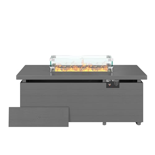 Gray Rectangle Propane Fire Pit Table with Glass Wind Guard, Rain Cover, Removable Lid B4938