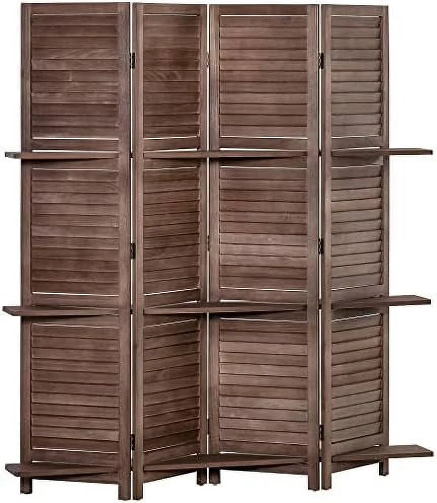 4-Panel Folding Room Divider 5.6 Ft Freestanding Paulownia Wood Privacy Screen Panel with Shelves Walnut P679