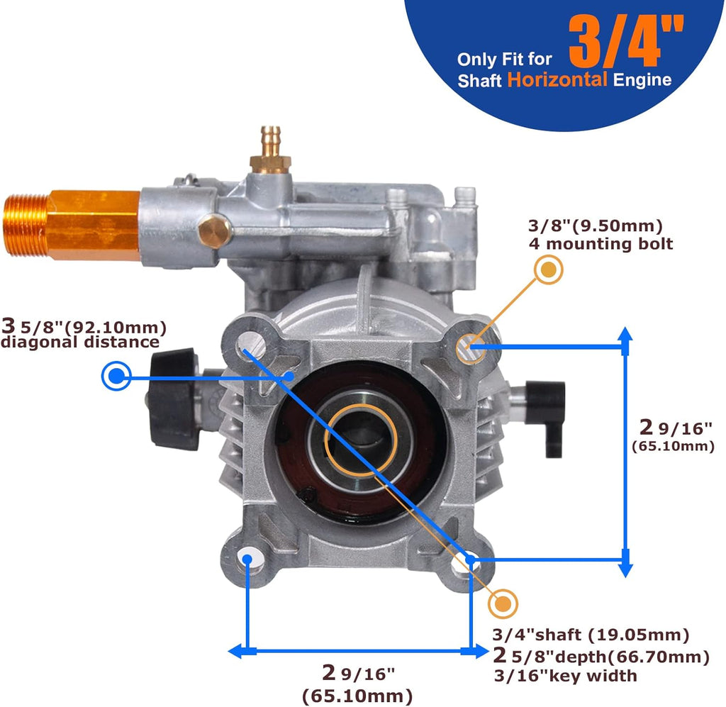 3/4" Shaft Horizontal Pressure Washer Pump, Max 3100 PSI @ 2.5 GPM T2224