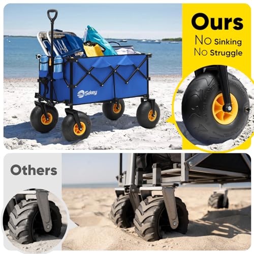 Heavy Duty Beach Wagon with 9" Big Sand-Proof Wheels, 440lb Capacity, Oversized Foldable Cart, Blue&White A6131