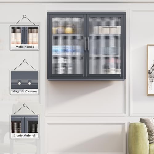 White Double Glass Door Wall Cabinet with Detachable Shelves U5189