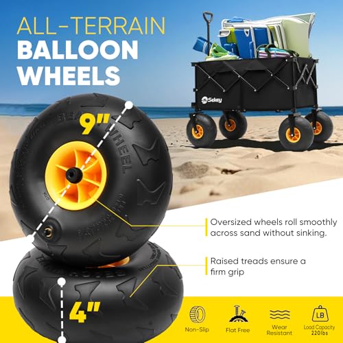 Heavy Duty Beach Wagon with 9" Big Sand-Proof Wheels, 440lb Capacity, Oversized Foldable Cart, Blue&White A6131