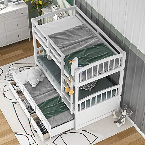 Twin Over Twin Bunk Bed with Storage Drawers and Trundle, Solid Wood (White) P60402