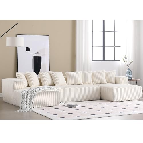 White Striped Corduroy Upholstered 4 Seater Modular Sectional Sofa N1464