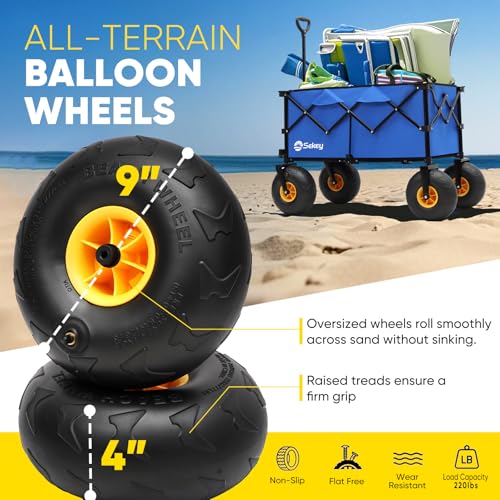 Heavy Duty Beach Wagon with 9" Big Sand-Proof Wheels, 440lb Capacity, Oversized Foldable Cart, Blue&White A6131
