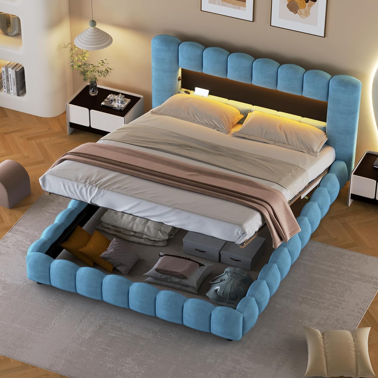 Queen Size Upholstered Storage Bed Frame with LED Headboard S8954