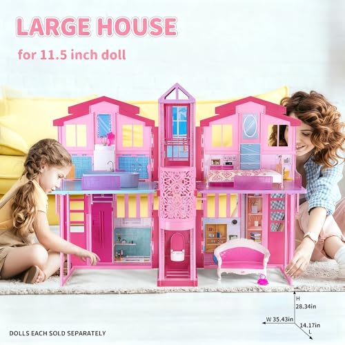 2-Story Foldable Dollhouse with 4 Rooms & Elevator D155033