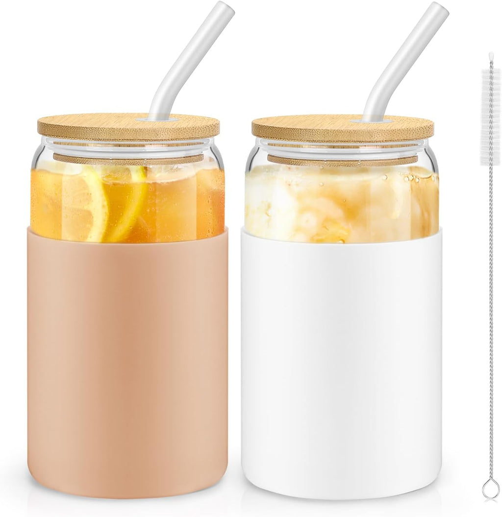 16OZ Glass Cups with Bamboo Lids and Straws 2 Pack S3089