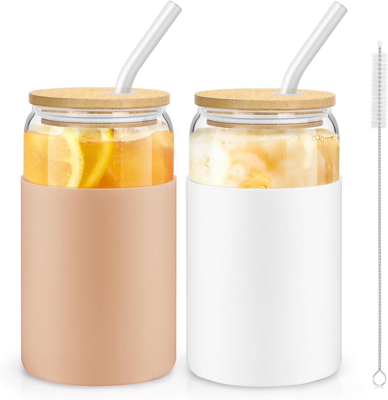 16OZ Glass Cups with Bamboo Lids and Straws 2 Pack S3089