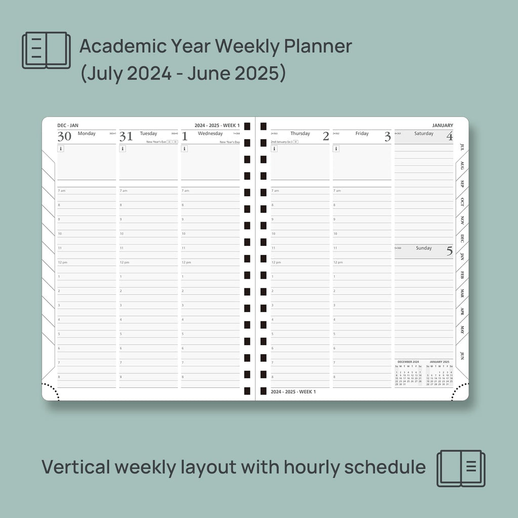 Planner 6.5'' x 8.5'' Academic Year Calendar July 2024 - June 2025 with Hourly Time Slots, Leather Cover - Grey Y223