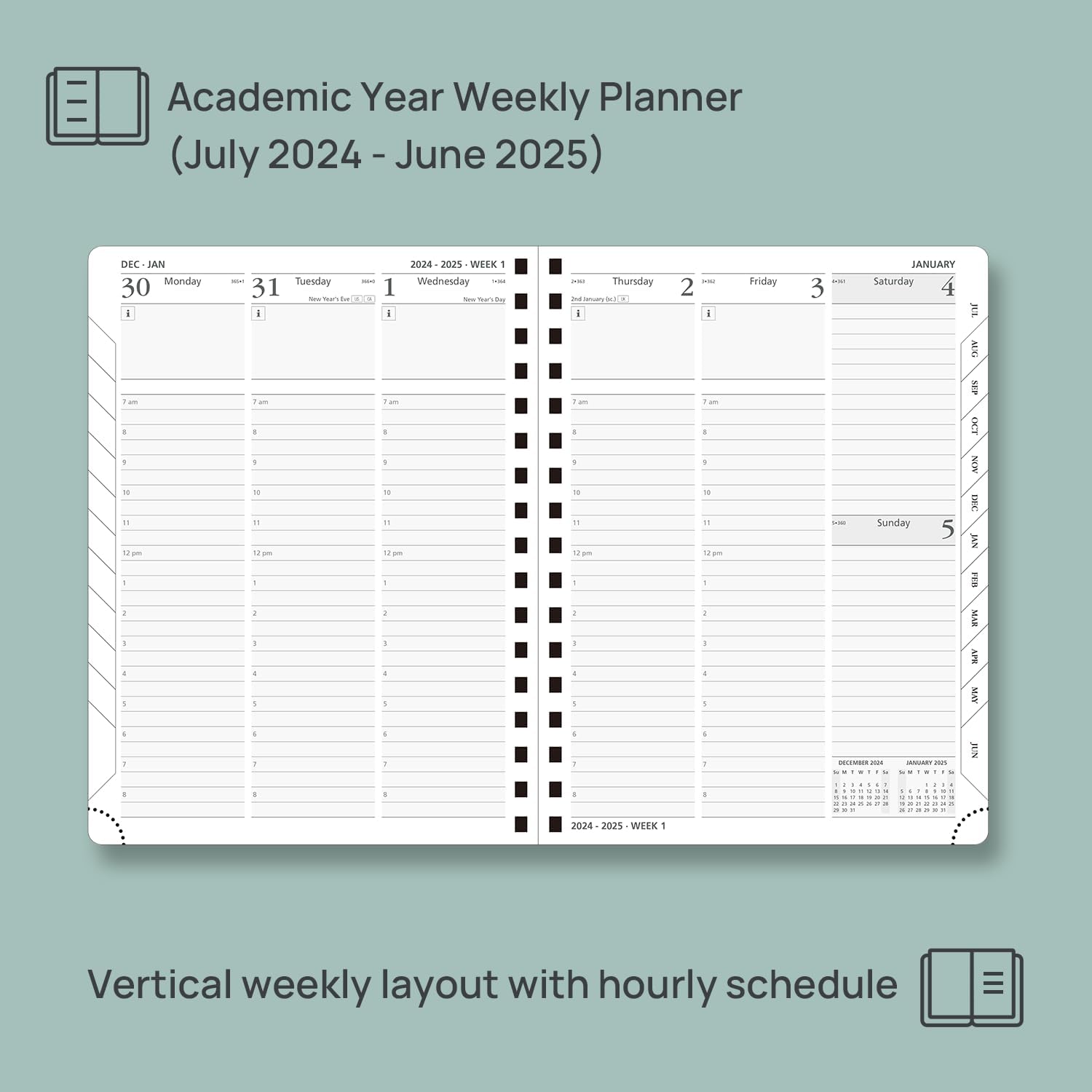 Planner 6.5'' x 8.5'' Academic Year Calendar July 2024 - June 2025 with Hourly Time Slots, Leather Cover - Grey Y223