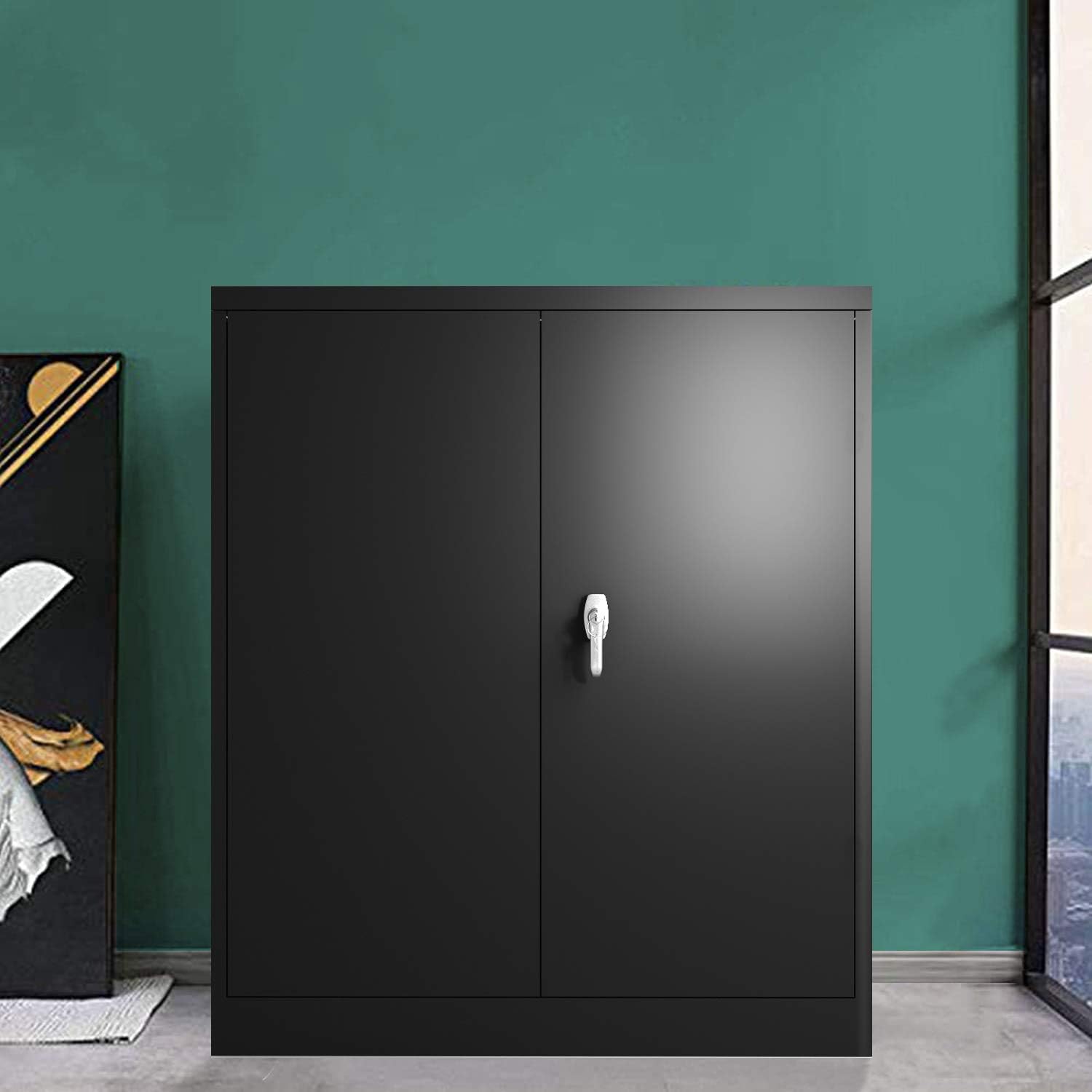 Black 42" Steel Storage Cabinet with 2 Adjustable Shelves and 2 Doors P812