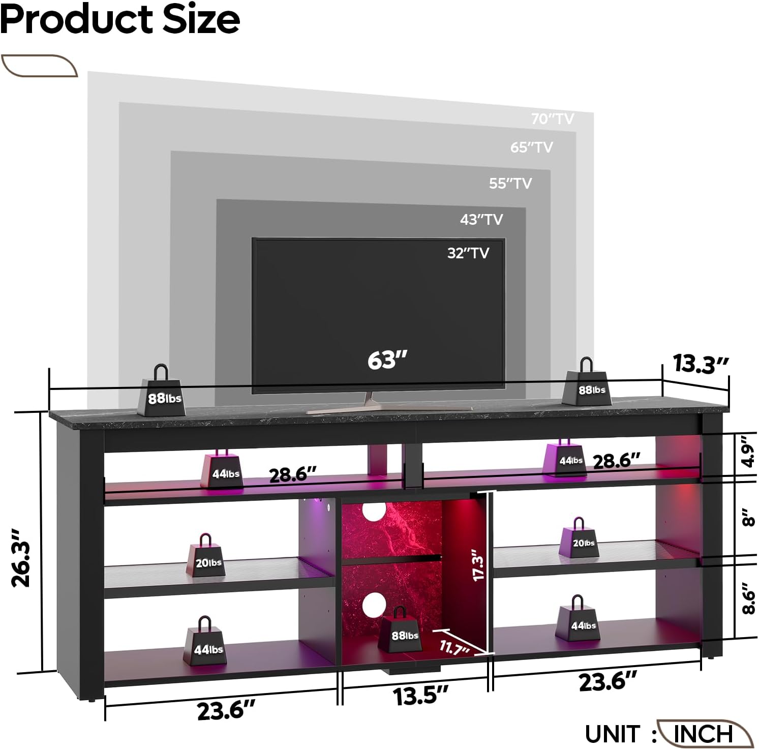 Black Marble TV Stand with 2 Led Lights L99813