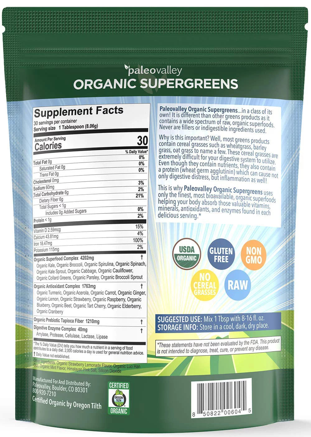 Organic Supergreens Raw Green Superfood Powder 30 Servings P552921