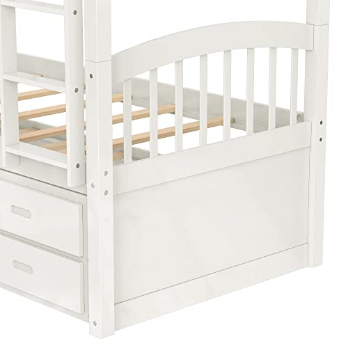 Twin Over Twin Bunk Bed with Storage Drawers and Trundle, Solid Wood (White) P60402