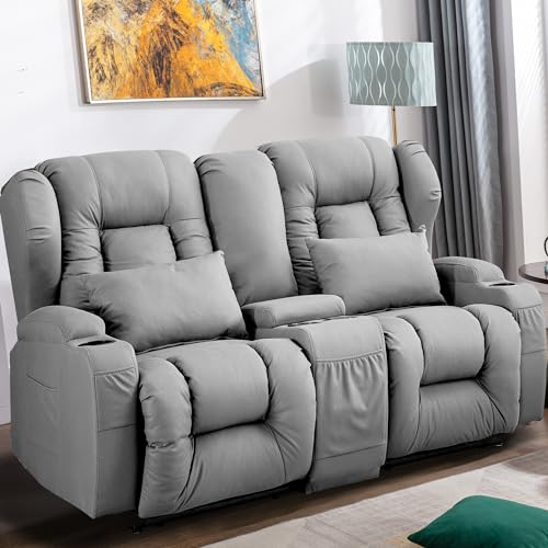 Beige Manual Reclining Loveseat Sofa with Console and Cup Holders M1182