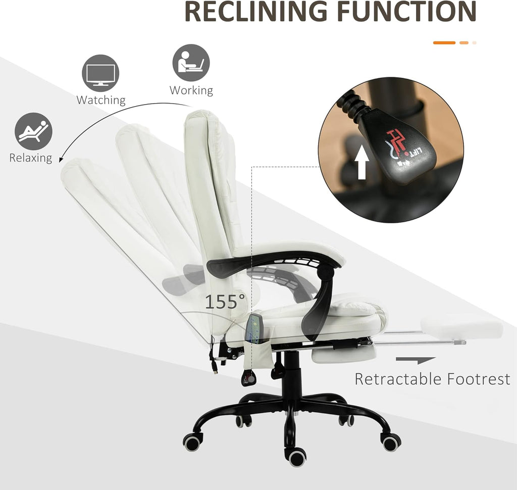 White PU Leather High Back Reclining Office Chair with Massage Foot Rest Heated X1476