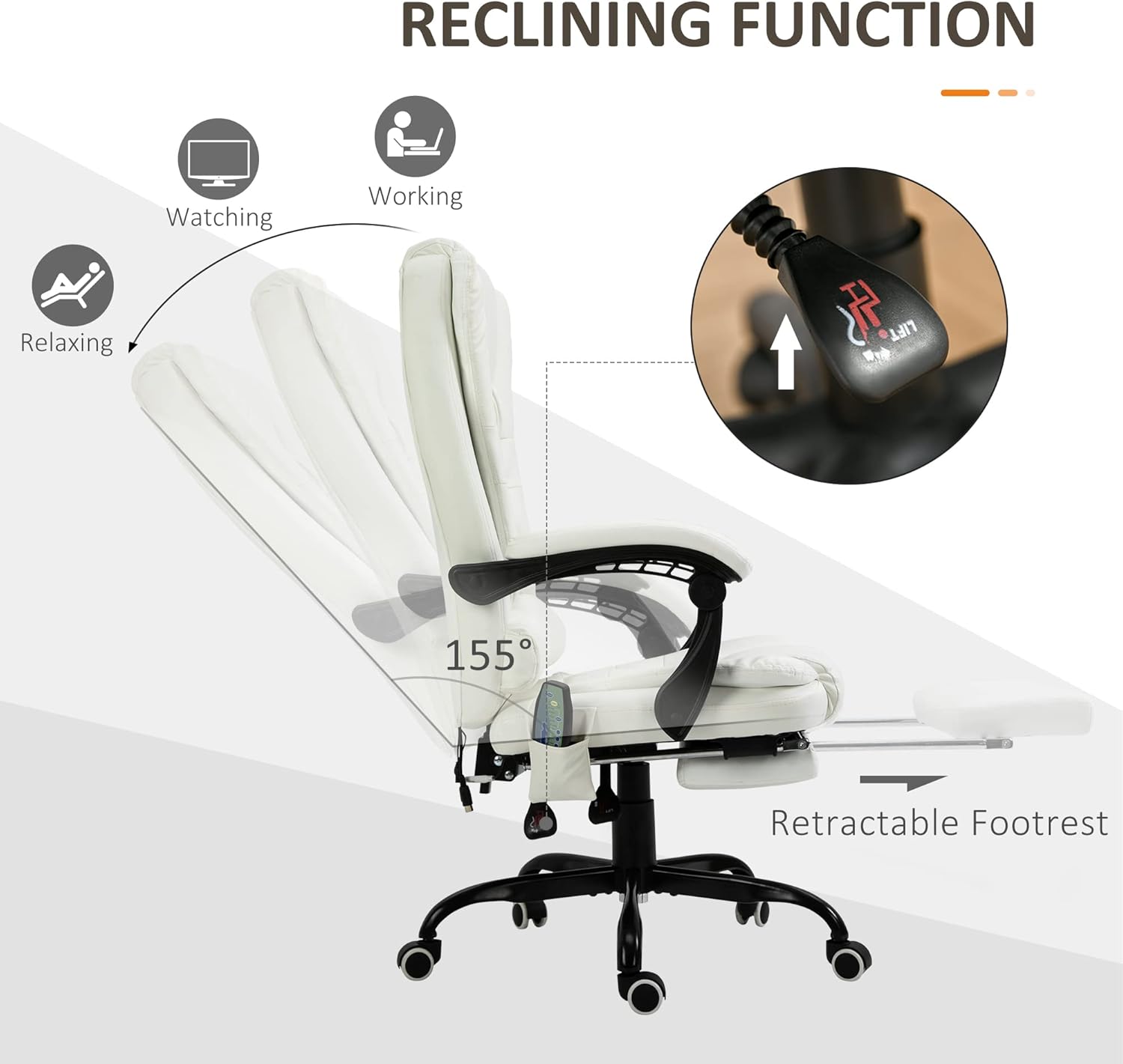 White PU Leather High Back Reclining Office Chair with Massage Foot Rest Heated X1476