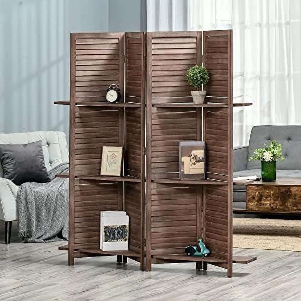 4-Panel Folding Room Divider 5.6 Ft Freestanding Paulownia Wood Privacy Screen Panel with Shelves Walnut P679