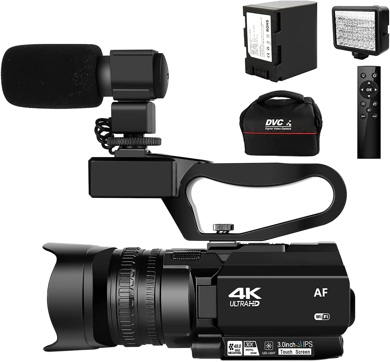 4K HD 48MP 60FPS 30X Digital Zoom Video Camera with LED Fill Light Camcorder 4500mAh Battery, Remote Control, Handheld, Microphone and 64G SD Card B503