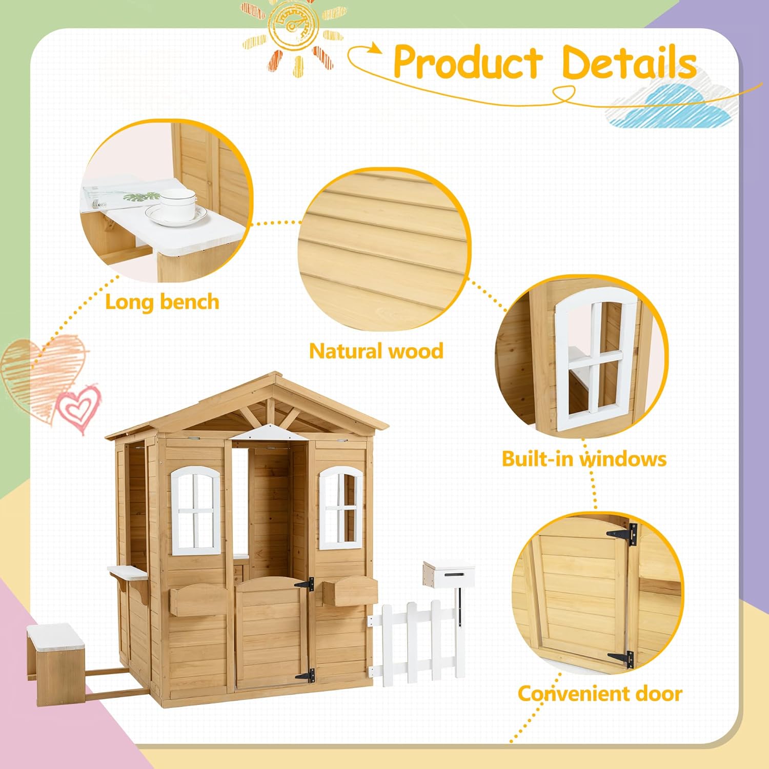 Wooden Playhouse with Door, Windows, Mailbox, Bench, Flowers Pot Holder, 39" x 38" x 55.5" N89446