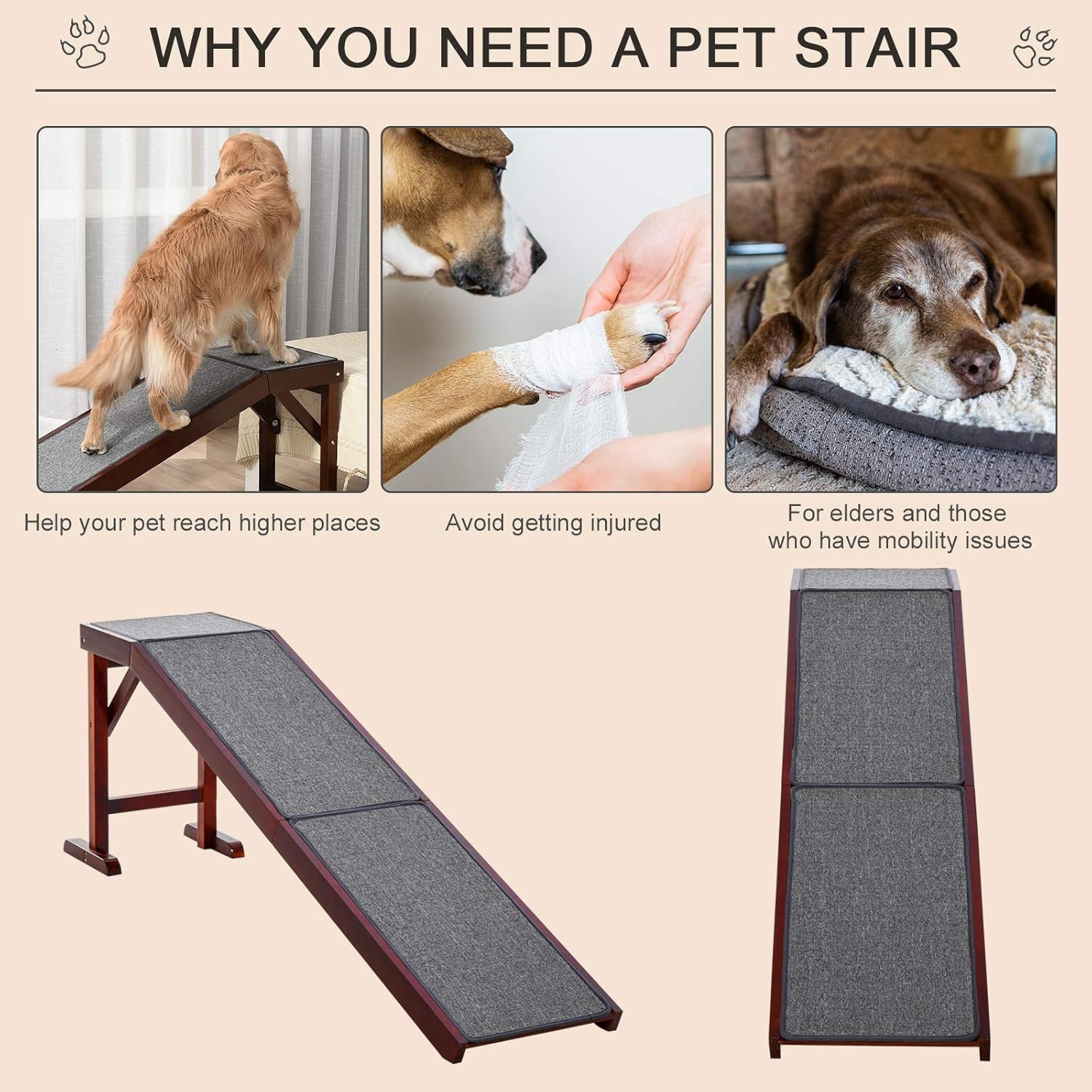 Non-Slip Carpet Top Pine Wood Pet Ramp, Brown Grey G7234
