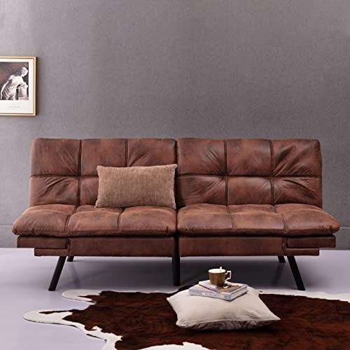 Brown PU Leather Memory Foam Convertible Futon Sofa Bed Y593407