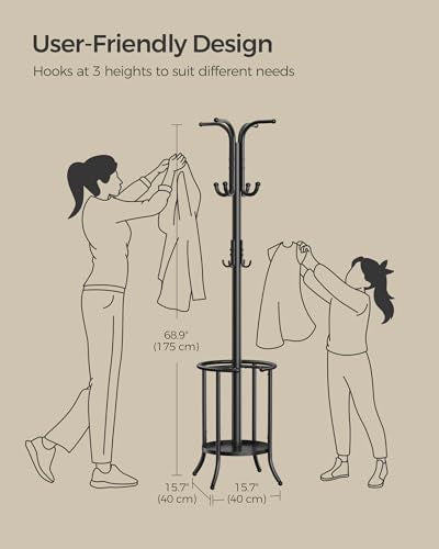 Ink Black Metal Coat Rack with 12 Hooks and Umbrella Holder Z9355