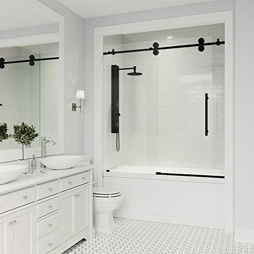 Matte Black Frameless Sliding Rectangle Tub Door with Clear Tempered Glass and Stainless Steel Hardware Q92163