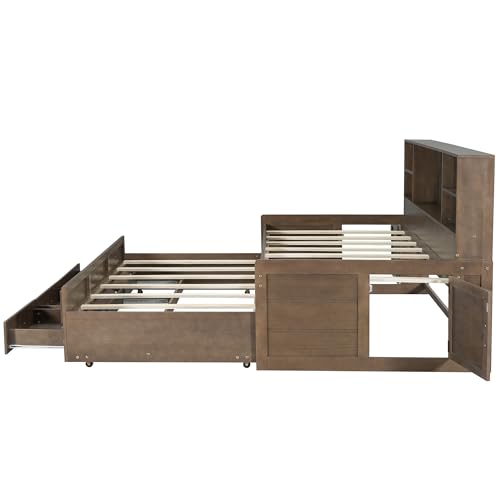 Full Size White Solid Wood Storage Daybed with Trundle Drawers Bookcase M61460