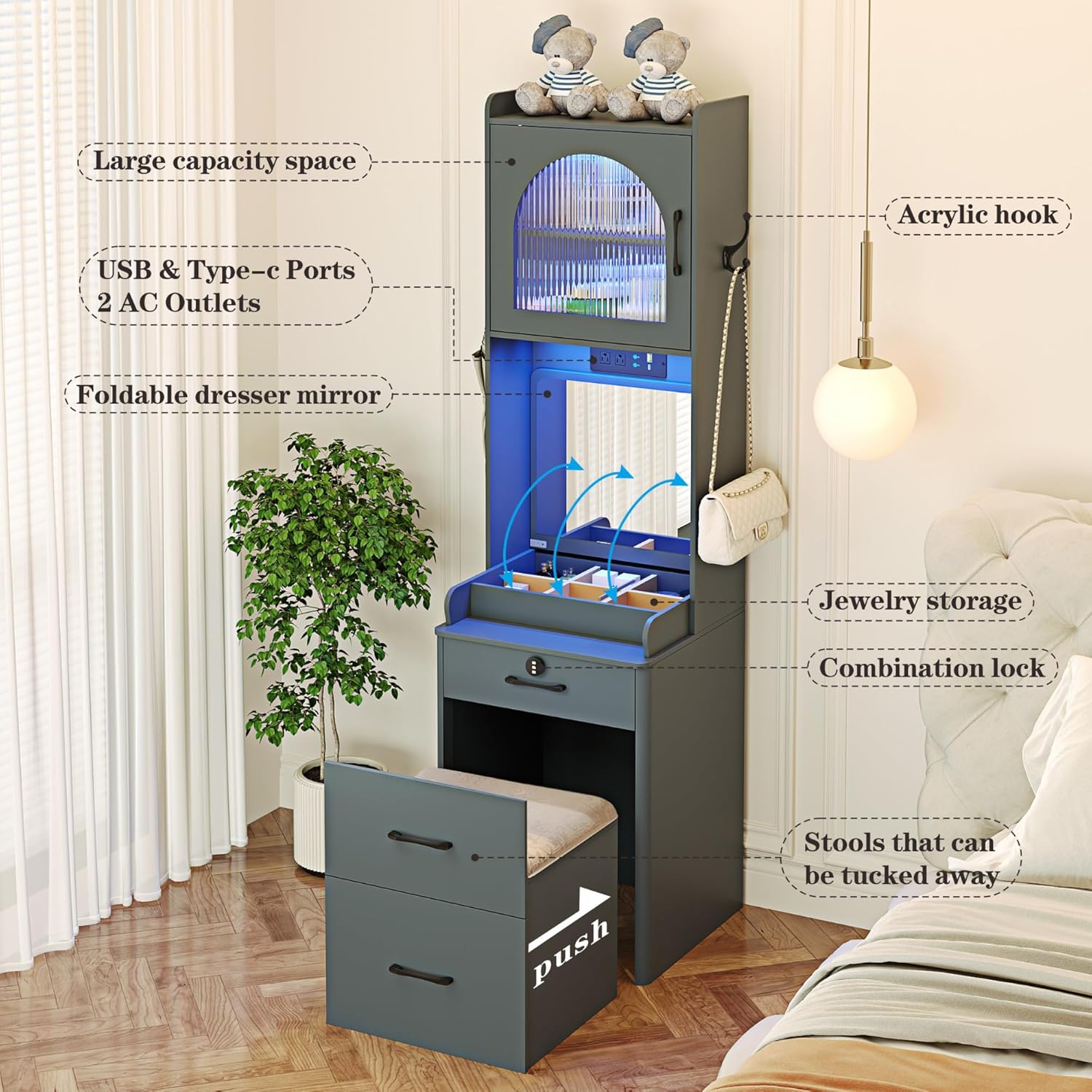 Grey Vanity Desk with Mirror and Lights and Drawers O8286