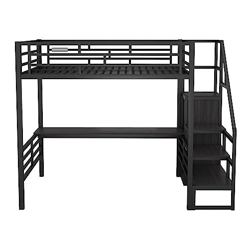 Full Size Metal Loft Bed with Desk and Storage Stairs Y425