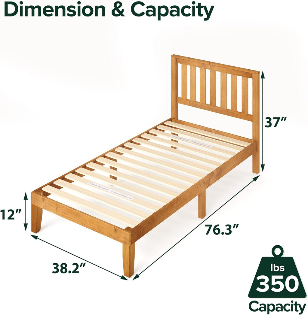 Rustic Pine Twin Wood Platform Bed Frame with Headboard R7938