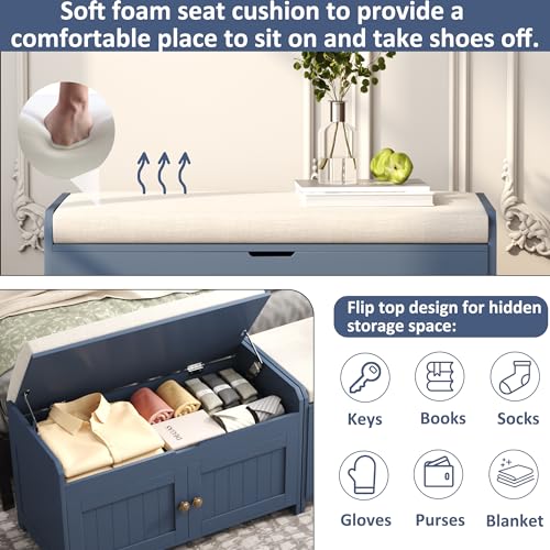 Blue Wood Shoe Storage Bench with Cushioned Seat C113
