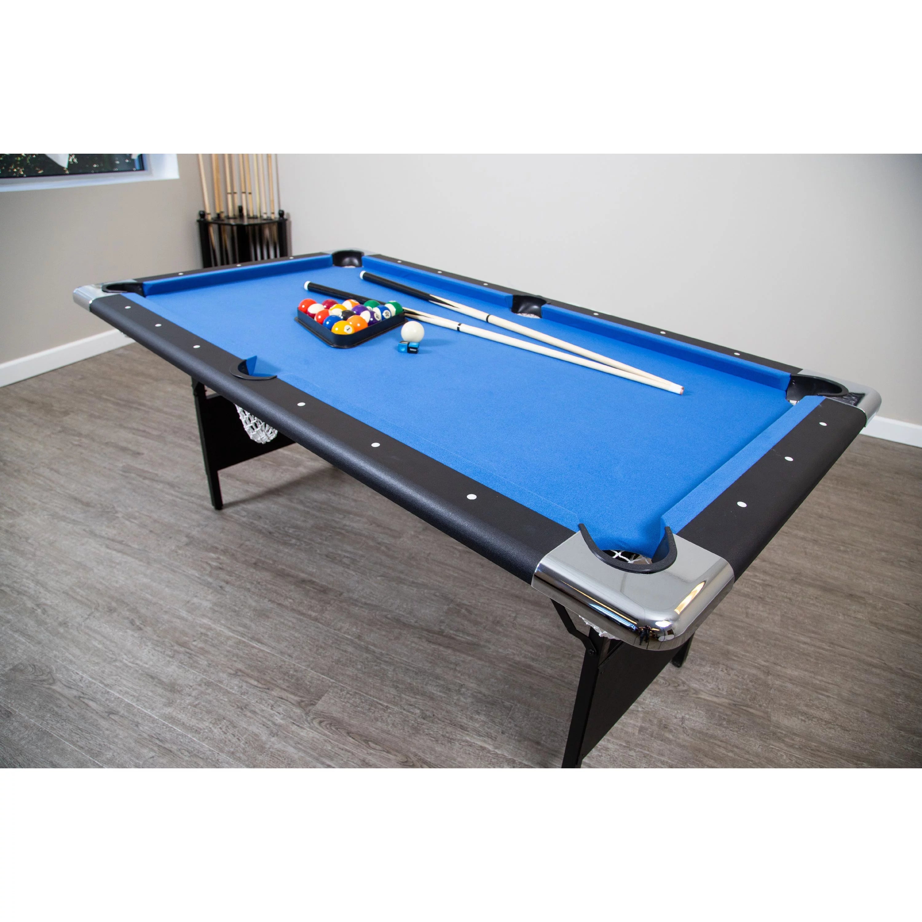 Portable Folding 6 ft. Pool Table, Blue Felt O95814