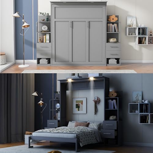 Gray Queen Murphy Bed with Storage Shelves, Drawers and LED Light, Wood Foldable Wall Bed Frame D469068