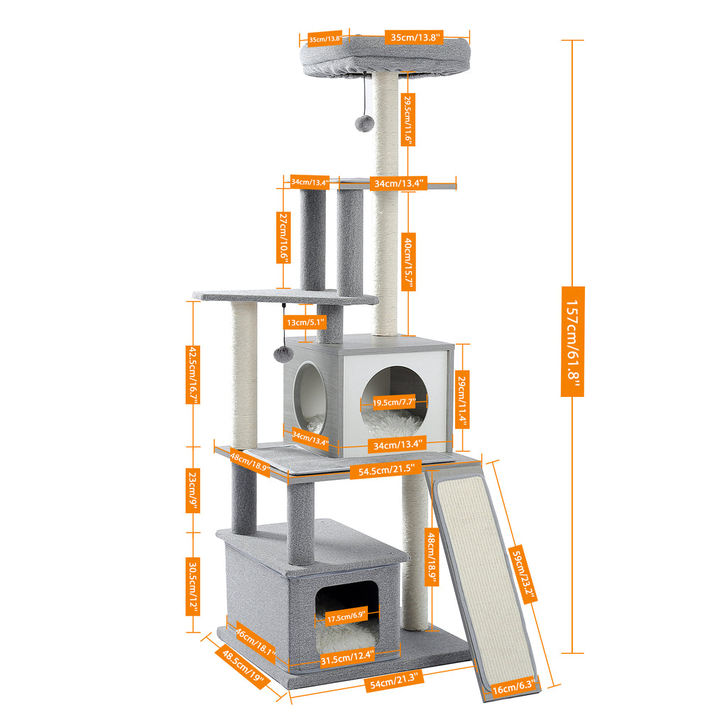 Grey Wood Cat Tree with Sisal Scratching Post Q900165