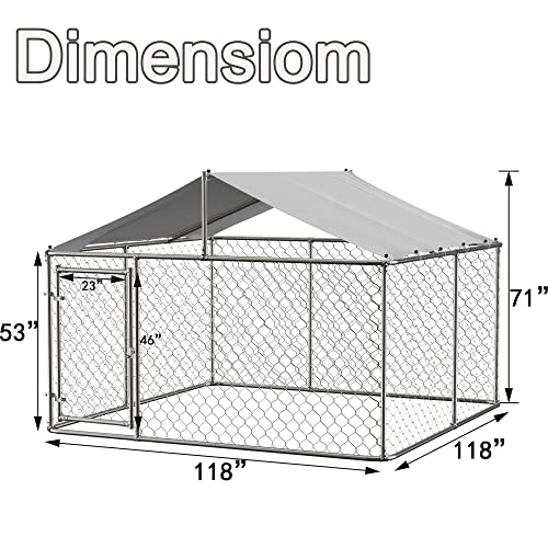 Large Galvanized Steel Chain Link Dog Kennel Pen with Roof, 90 x 90 x 65 Inch M546605